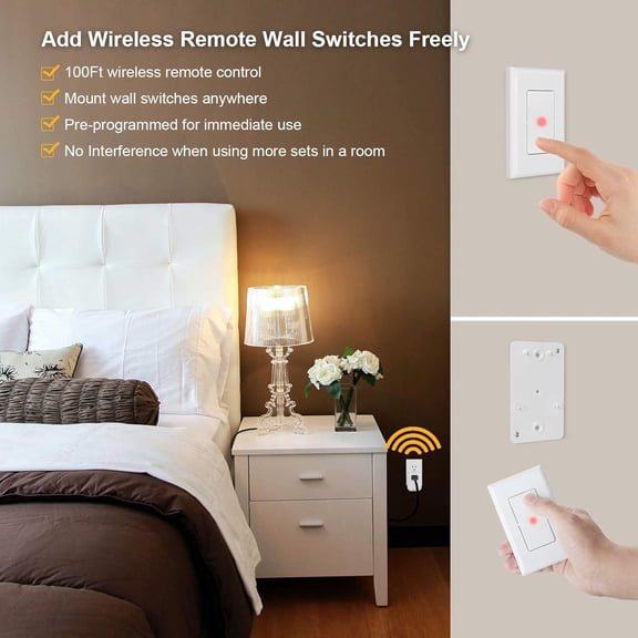 YJYASX-Wireless Wall Switch Remote Control Outlet, No Wiring Needed, 100ft RF Range, Pre-Programmed, Expandable Remote Light Switch Kit for Plug in Pendant Light, Lamp, Small Electrical Appliance