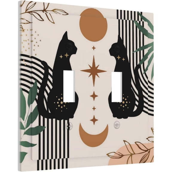YJYASX-Witchy Mystic Gothic Funny Boho Mid Century Black Cute Cat Moon Phase Abstract Leaf 2 Gang Electrical Double Toggle Outlet Light Switch Wall Plate Decorative Receptacle Face Switchplate Cover