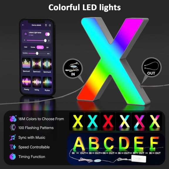 YJYASX-X LED Marquee Letter Light USB APP Control Color Changing Alphabet Sign for Xmas Party or Extreme Holiday Wall Decor