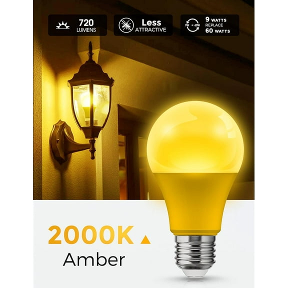 YJYASX-Yellow Bug Light Bulbs Outdoor, A19 9W Bug Lights for Outside, 60W Equivalent, 2000K Amber Porch Light Bulb, Non-Attracting, E26 Base, Not-Dimmable, Ideal for Patio, Deck, Backyard, 2 Pack
