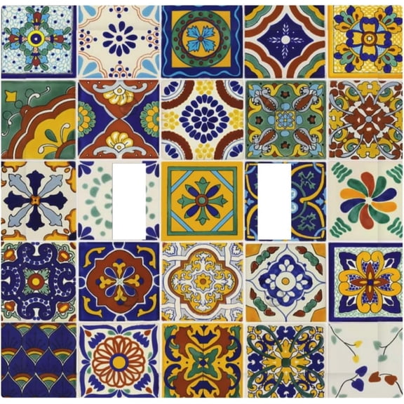 YJYASX-Yellow Talavera Kitchen Mexican Tile Toggle Light Switch Cover Boho Floral Mosaic Ceramic 2-Gang Electrical Decorator Dual Device Face Wallplate Decorative Double Switch Plate Covers Bathroom