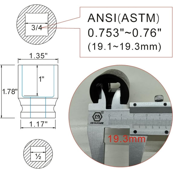 1 2 Drive 3 4 4 Point Square Socket