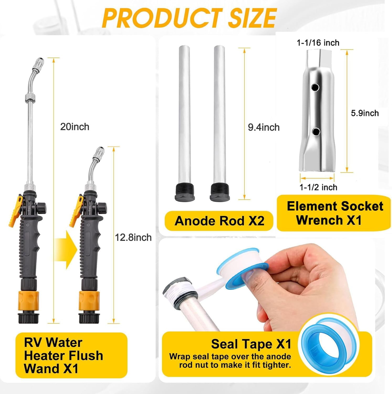 YJYCSAH-5 Packs RV Water Heater Anode Rod & Flush Wand & Element Socket ...