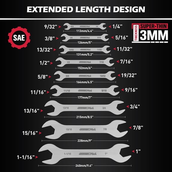 YJYCSAH-9-Piece Super Thin Open-End Wrench Set, SAE 1/4"-1-1/16", 3mm ...