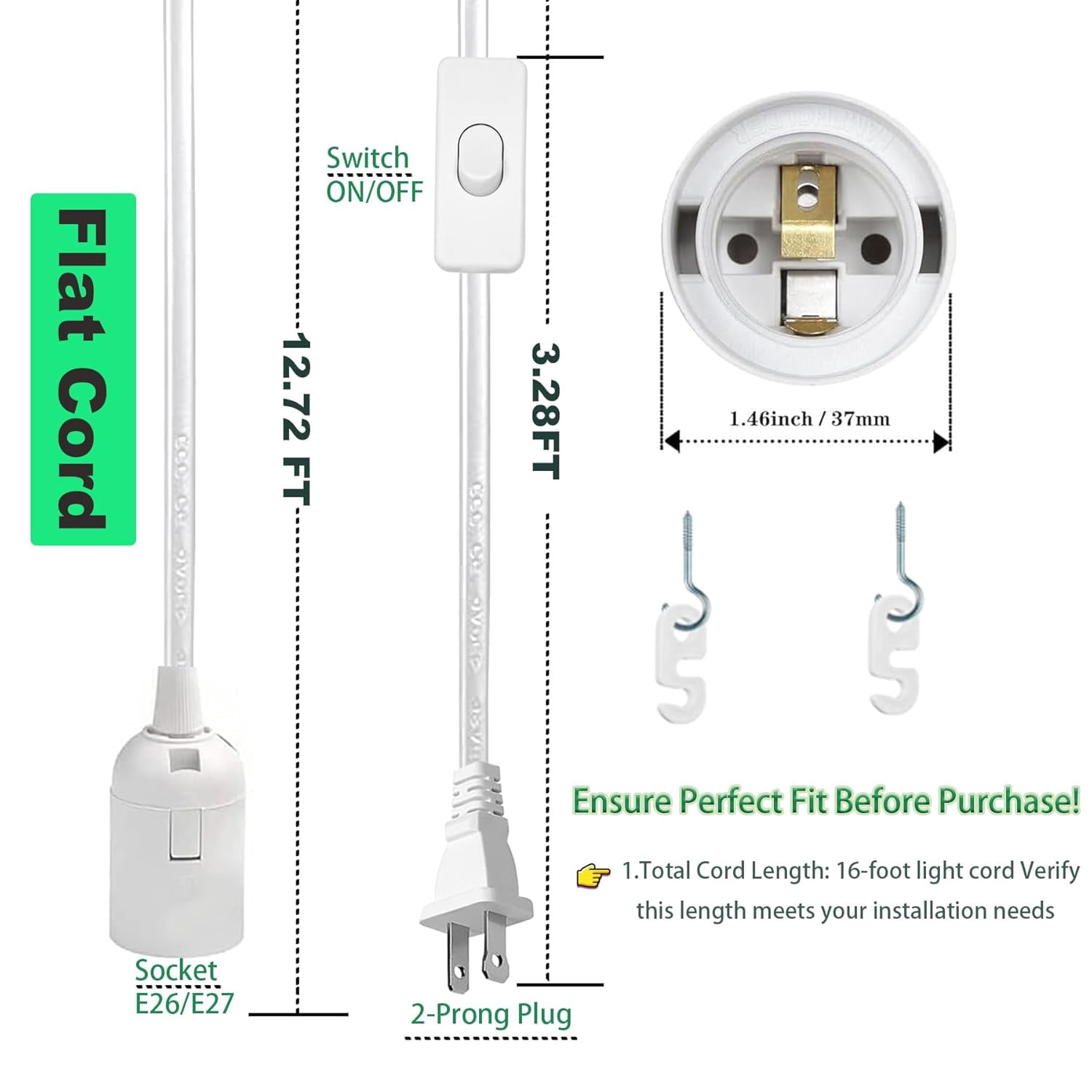 YJYCSAH-Hanging Pendant Light Cord - 16Ft Light Bulb Socket with Cord ...