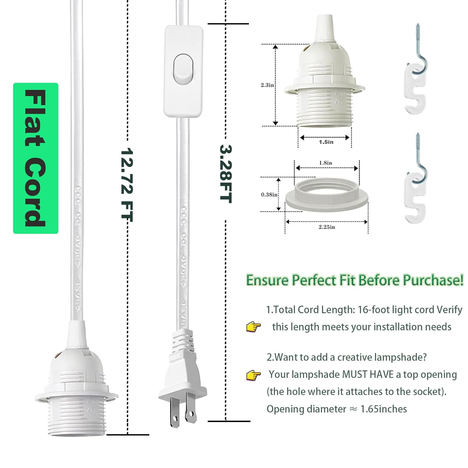 YJYCSAH-Plug in Light Socket - 16Ft Pendant Light Cord Kit E26/E27 ...
