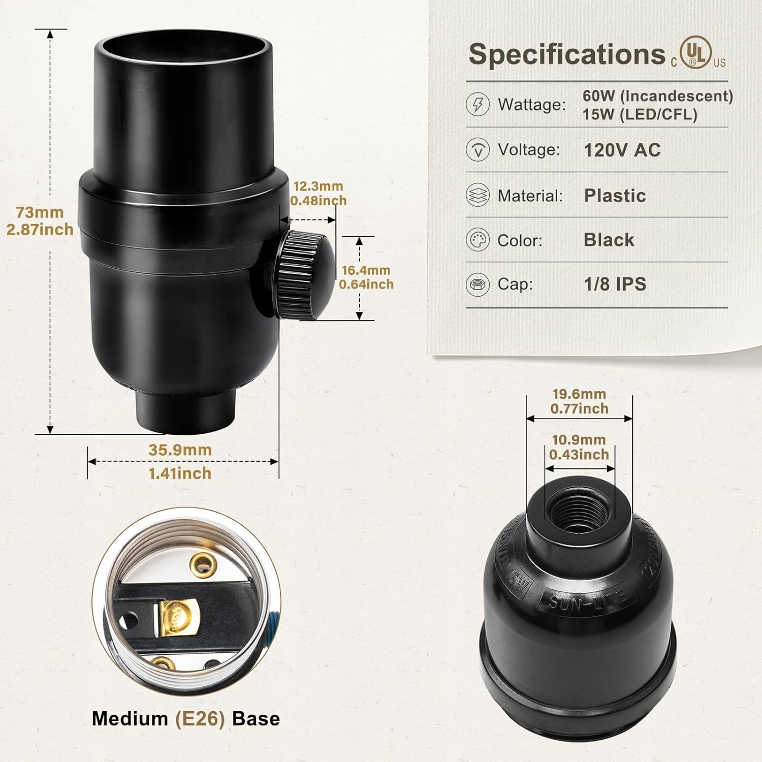 YJYCSAH-UL Listed Full Range Dimmer Lamp Socket Replacement, Vintage ...