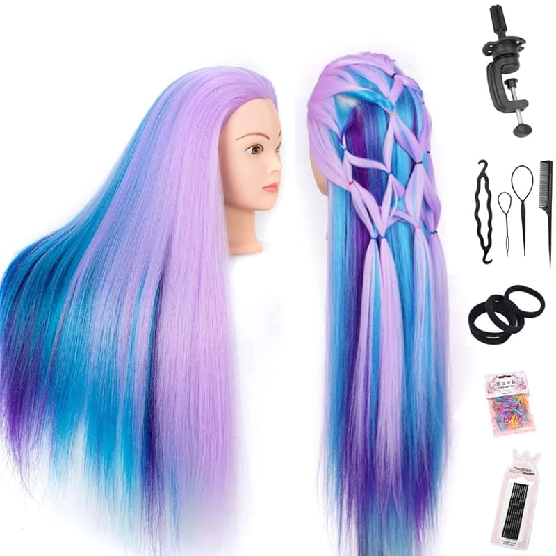 YK 26" Multicolored Synthetic Fiber Hair Mannequin Head with Clamp Stand - Cosmetology Doll Head
