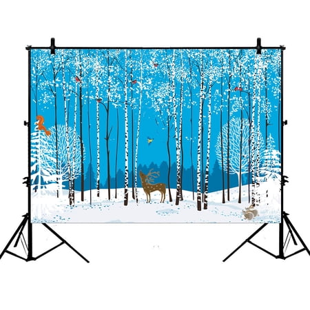 YKCG 7x5ft Home Bathroom Christmas White Snow Winter Squirrel Deer Bird Bullfinches Animal Rabbits Photography Backdrops Polyester Photography Props Studio Photo Booth Props