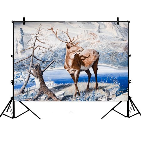 YKCG 7x5ft Winter Snow Landscape Christmas Reindeer Withered Tree Photography Backdrops Polyester Photography Props Studio Photo Booth Props
