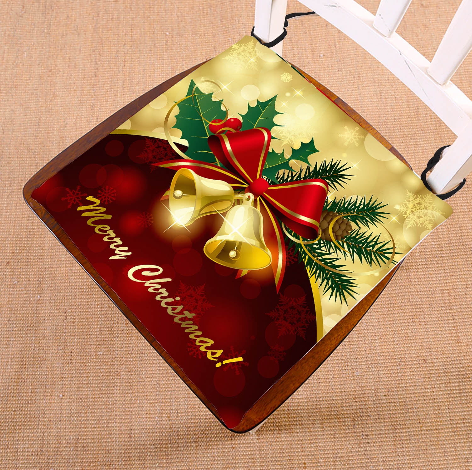 YKCG Christmas Bells Bow Red and Gold Seat Cushion Chair Cushion Floor
