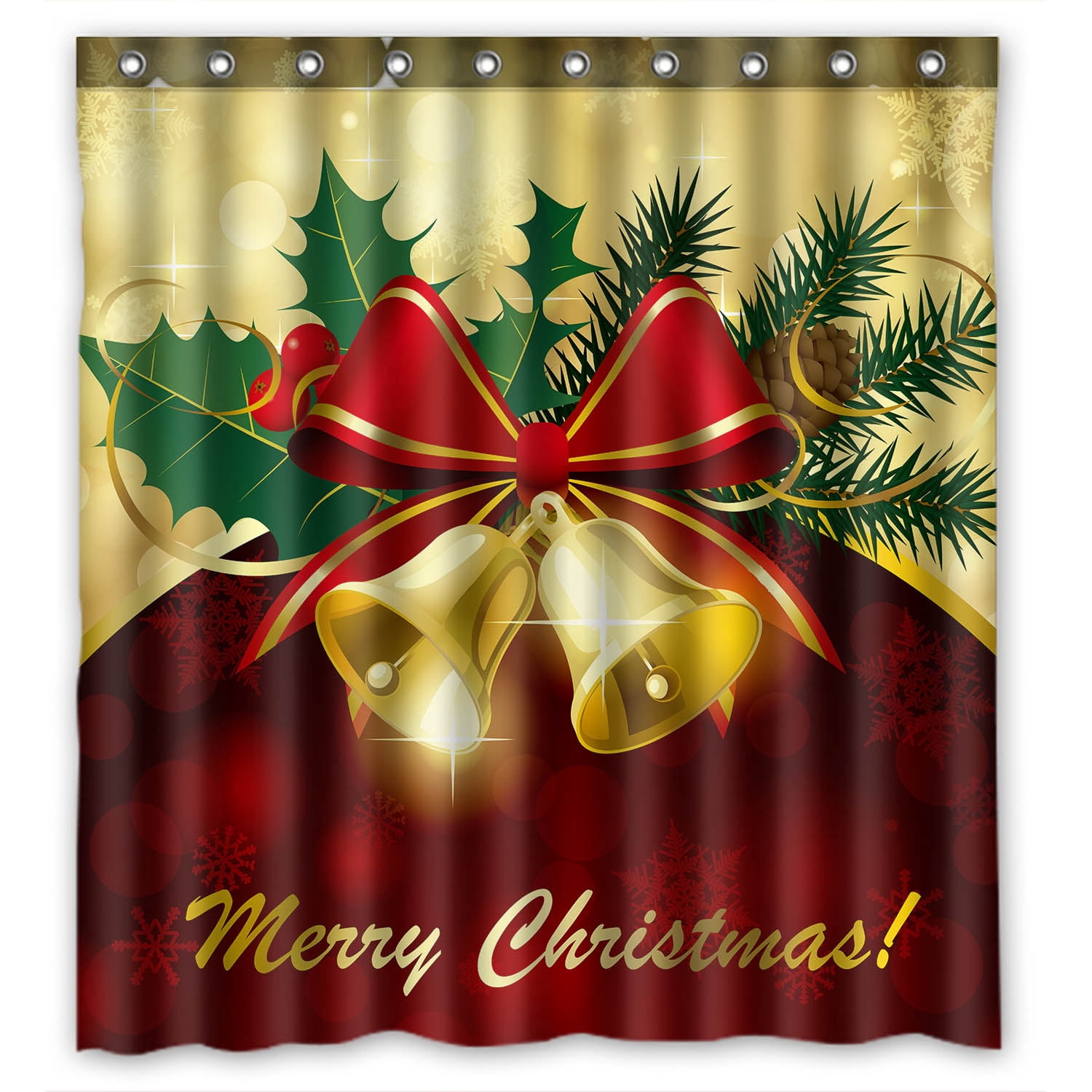 YKCG Christmas Bells Bow Red and Gold Shower Curtain Waterproof Fabric