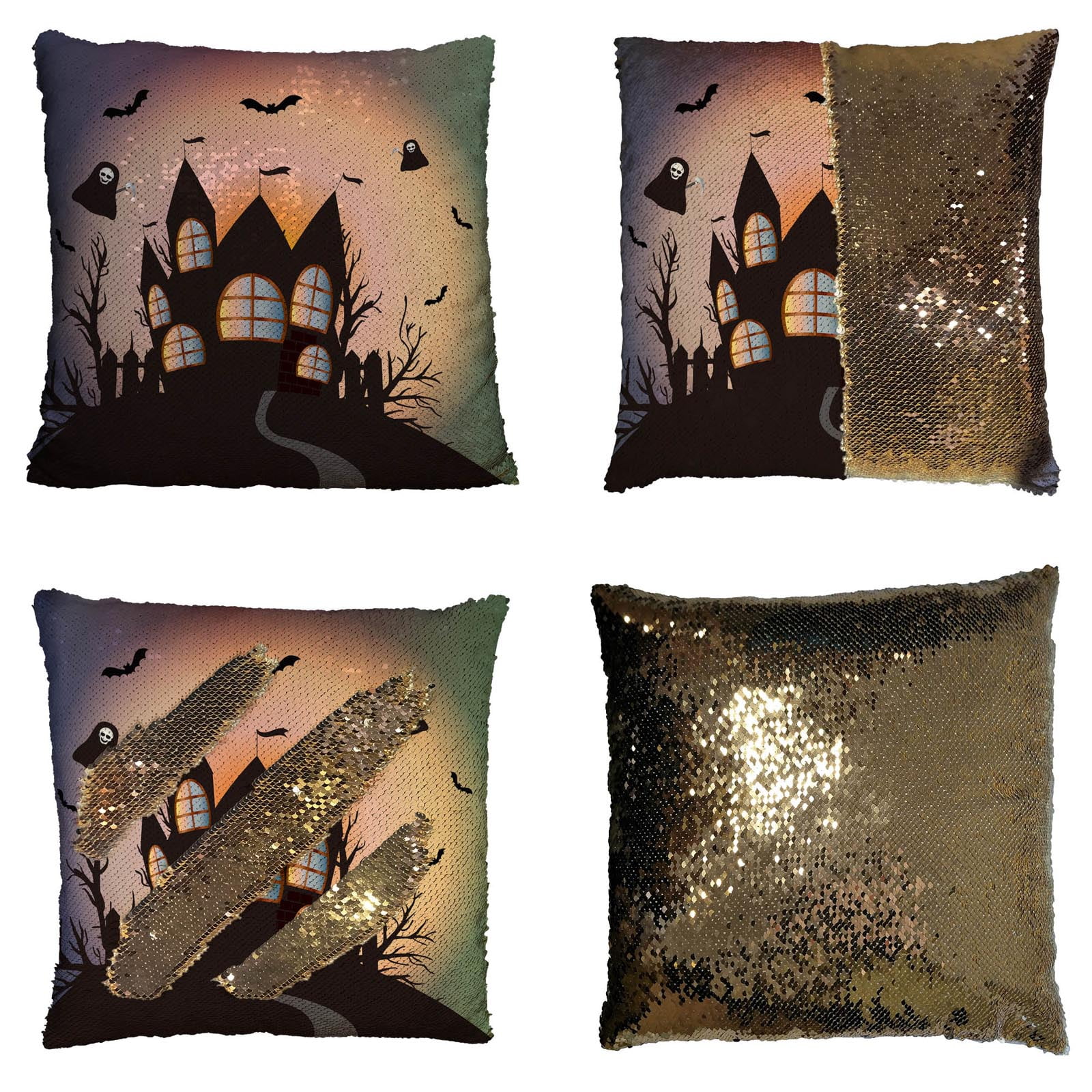 YKCG Happy Halloween Funny Ghost Fantasy Castle Black Tree Reversible Mermaid Sequin Pillow Case Pillow Cover 18x18 inches Walmart
