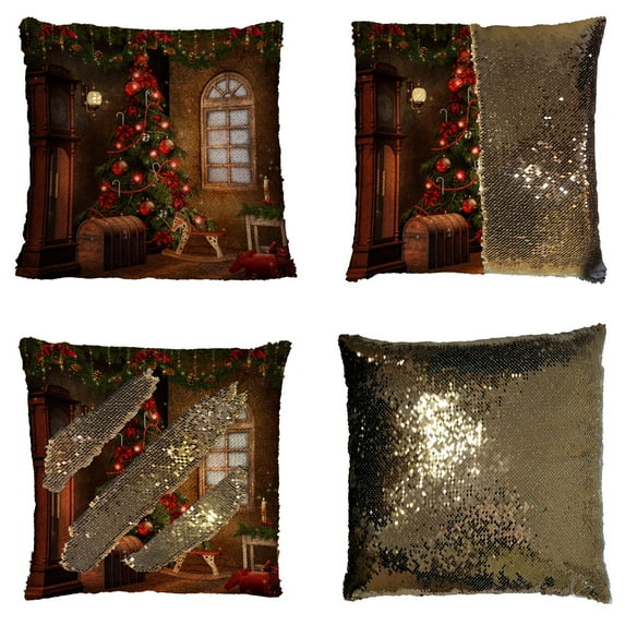 YKCG Home Decor Christmas Children Room with Toys and Tree Reversible Mermaid Sequin Pillow Case Pillow Cover 18x18 inches