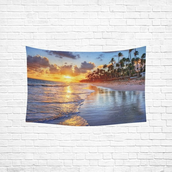 YKCG Home Decoration Brilliant Ocean Beach Sunrise with Palm Trees Wall Hanging Tapestry 60 x 51 Inches