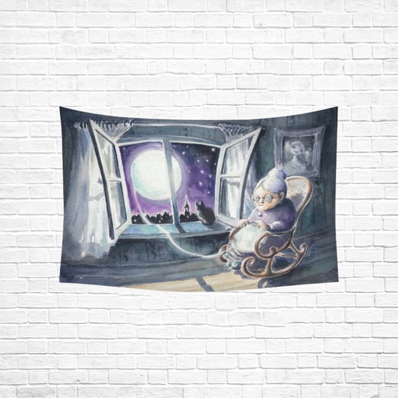 YKCG Home Decoration Grandmother Knitting a Sweater with a Lunar Light Wall Hanging Tapestry 60 x 40 Inches