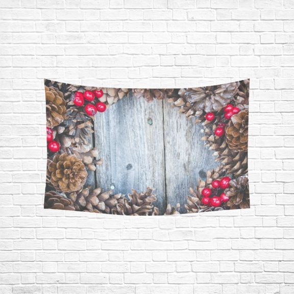 YKCG Home Decoration Rustic Christmas Pine Cone and Red Berries Wall Hanging Tapestry 90 x 60 Inches