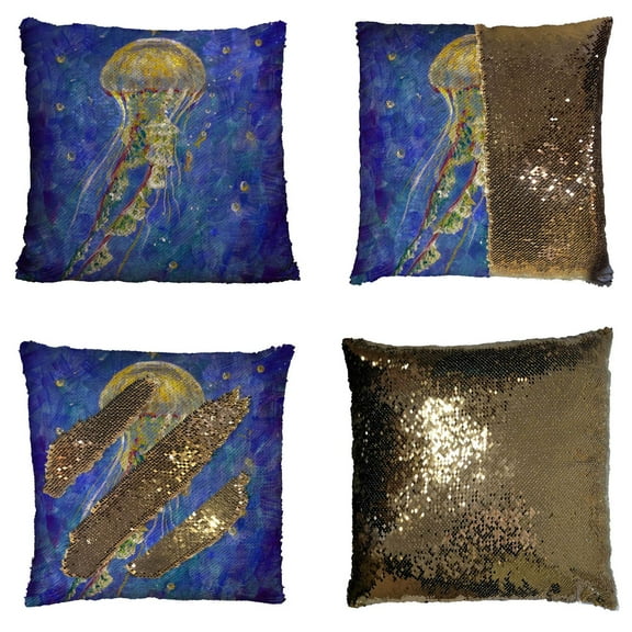 YKCG Oil Painting Jellyfish Tropical Sea Life Reversible Mermaid Sequin Pillow Case Pillow Cover 18x18 inches