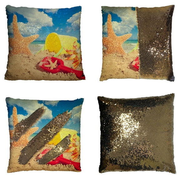YKCG Sunset Sea Coastline Colorful Seashells Starfish on Sandy Beach Reversible Mermaid Sequin Pillow Case Pillow Cover 16x16 inches