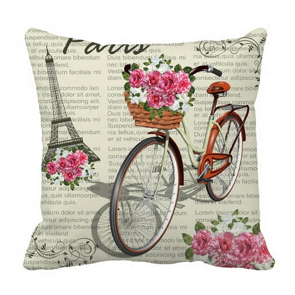 YKCG Vintage Romantic Paris Effiel Tower Pink Floral Flower Bike Pillowcase Pillow Cushion Case Cover Twin Sides 18x18 inches