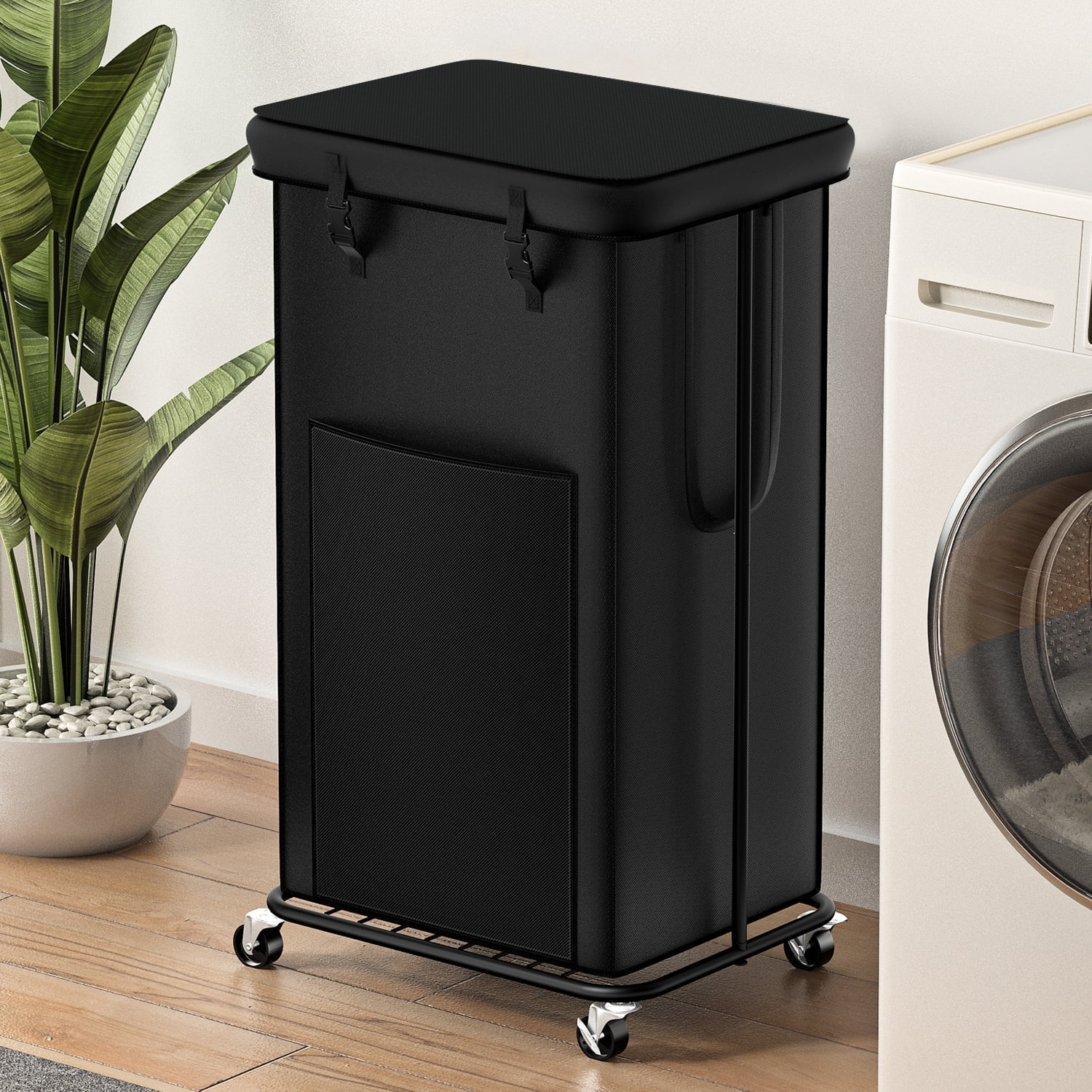 YKDIRECT 100L Large Laundry Hampers with Lid, Oxford Fabric Laundry Basket, Metal Frame and Removable Bag Design with Wheels, Suitable for Bedroom, Bathroom, Dorm Room, Laundry Room - Black