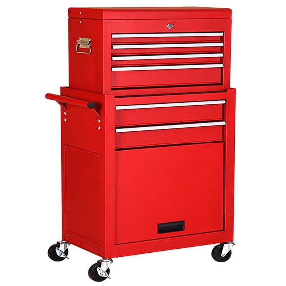 YKITRD 2 in 1 Rolling Tool Cabinet & Tool Chest, Lockable Steel Garage Toolbox Organizer w/ 6 Drawers, Ball Bearing Slides, Swivel Casters, Red