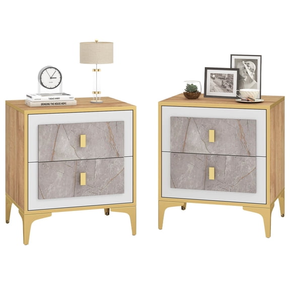YKITRD 2-piece imitation marble bedside table - natural color+gold+white 20 17 23 inches 2 drawers+open frame metal legs, total weight capacity 77 pounds