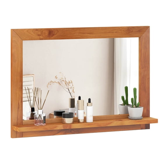 YKITRD 27.5 x 20 Inch Rectangle Decorative Mirror, Farmhouse Wall Mirror with Storage Shelf, Teak Wood Frame, Distortion-Free