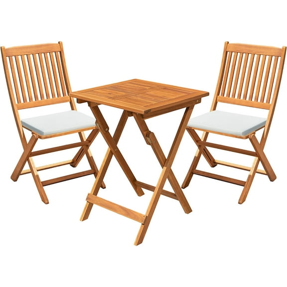 YKITRD 3-Piece Acacia Wood Folding Bistro Set  Outdoor Square Table and Chairs for Patio, Balcony, Porch, Lawn, or Backyard  Compact Garden Furniture (Natural)
