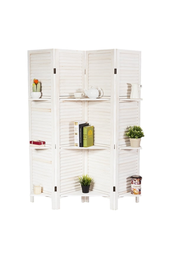 4-Panel Folding Room Divider with 3 Storage Shelves, Paulownia & P2 MDF Material, Adjustable Privacy Screen Decorative Furniture for Home Office, White