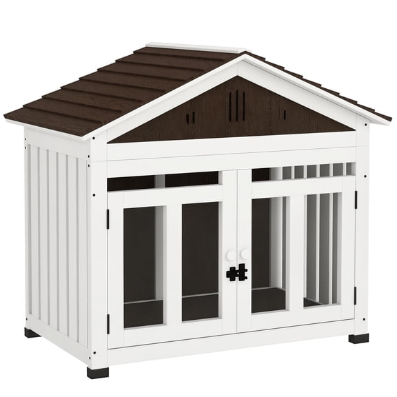 YKITRD 40" Wooden Dog House for Small, Medium & Large Dogs, Indoor Outdoor Pet Crate Furniture with Removable Floor, Acrylic Front Panel, Dark Brown & White