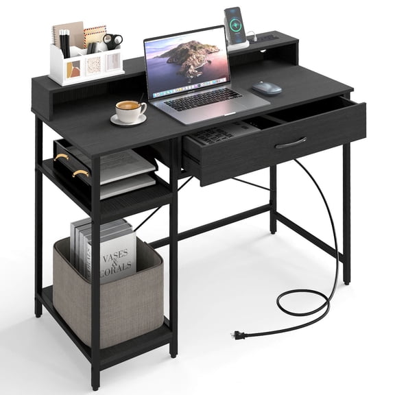 YKITRD 42 inch home office desk with built-in power plug and storage rack and drawers, heavy-duty metal frame for gaming, work and study