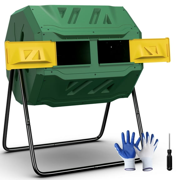 YKITRD 43 Gallon Dual-Chamber Tumbling Composter, Outdoor Yard Compost Bin with Aeration Holes & Easy-Slide Doors, Powder-Coated Steel Frame Rust-Proof Galvanized Steel Feet Compost Tumbler​,Green