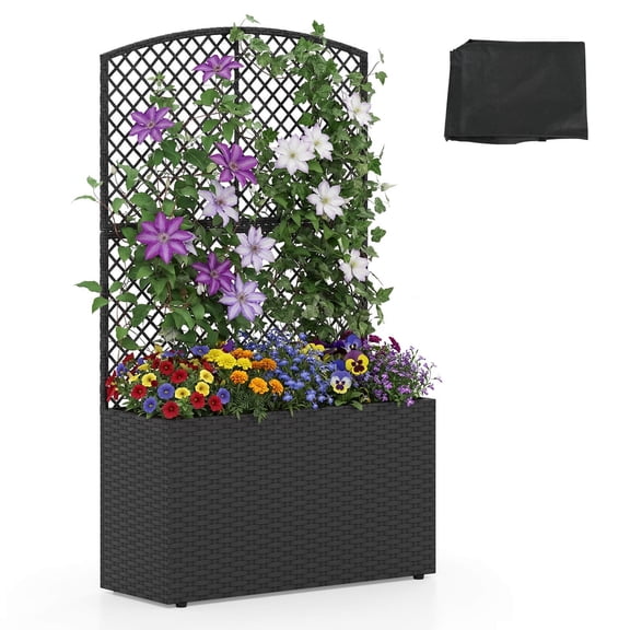 YKITRD 49 Raised Garden Bed with Trellis, Wicker Planter Box with Privacy Screen, Outdoor Rattan Planter with Climbing Support & Liner for Patio Balcony Deck, Black