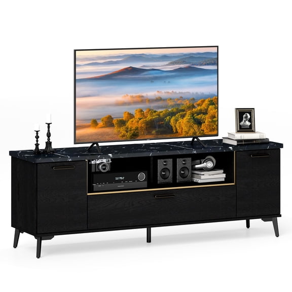 YKITRD 63 inch TV Cabinet - Luxury imitation marble countertop with gold borders, compatible with 55 "/65"/75 "TVs, adjustable shelf+cable management, black version suitable for living rooms