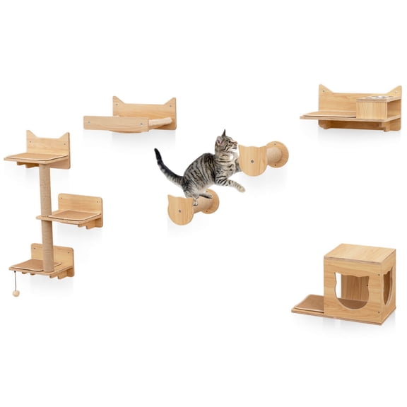 YKITRD 6PCS Wall Mounted Cat Activity Center, Cat Wall Furniture Set with 3-Tier Cat Tower, Hammock, Feeding Station with 2 Bowls, Cat Condo for Indoor Cats