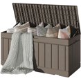 thumbnail image 1 of YKITRD 80 Gallon Deck Box, Waterproof Resin Outdoor Storage Box for Outside and Patio, Outdoor Storage Bench Lockable for Patio Furniture, Garden Tools and Pool Supplies (Light Brown, 80 Gallon), 1 of 6