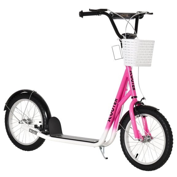 YKITRD Adjustable Kick Scooter with Inflatable Wheels, Double Brake, Storage Basket & Mudguard, Pink & Black, Adult/Teen Friendly