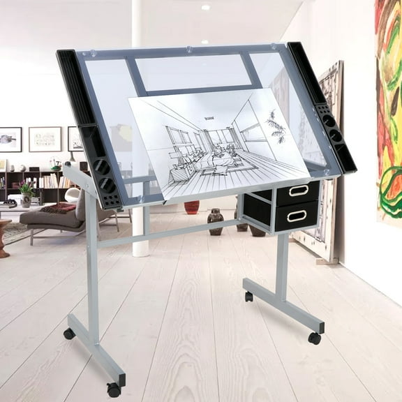 YKITRD Artist Drafting Table Craft Station with Glass Top Drawing Desk Art Work Station