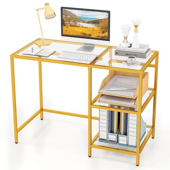 YKITRD Computer Desk with Tempered Glass Top, Modern Gold Workstation Vanity Table with 2-Tier Storage Shelves, Home Office Writing Desk for Bedroom Living Room