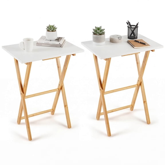 YKITRD Folding TV Tray Tables Set of 2, Bamboo Snack Table for Small Spaces, Foldable Sofa Side Table, Bedroom Dinner Tray Table, White & Natural