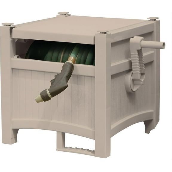 YKITRD Garden Hose Reel Hideaway – Retractable 100ft Storage for 5/8" Hoses, Durable Resin Hose Box with Manual Rewind, Weather-Resistant, Light Taupe