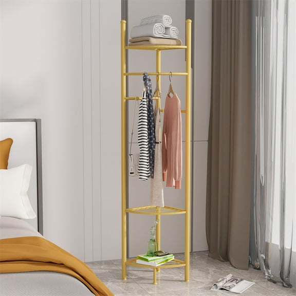 YKITRD Golden modern heavy-duty coat rack for home use with layer rack hooks, garment stand, living room, bedroom, hanging clothes rack, light luxury style, heavy duty clothes storage rackGold