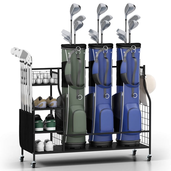 YKITRD Golf Bag Organizer, 3 Golf Bag Stand with Rolling Wheels, Metal Golf Storage Rack for Clubs, Balls & Golfing Equipment, Garage Golf Bag Holder