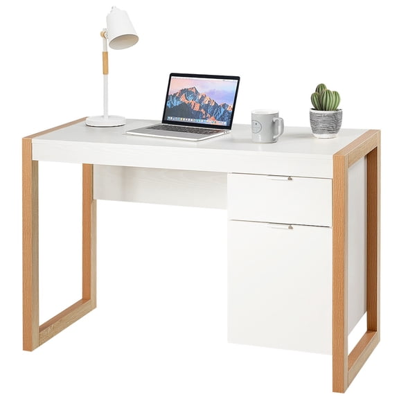 YKITRD Modern Computer Desk with Storage Cabinet & Drawer, Writing Study Table Home Office Workstation with Wide Desktop for Study, Gaming, Makeup, White & Natural Wood