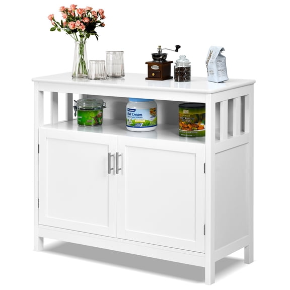 YKITRD Modern Kitchen Buffet Sideboard, White MDF & Engineered Wood with 5-Position Adjustable Shelf, 2-Door Storage & Open Shelf, Storage Cabinet for Living Room Dining Room