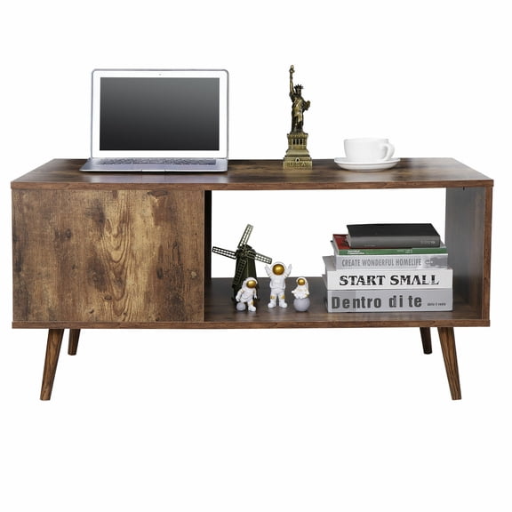 YKITRD Nut-Brown Multi-Functional Table, Industrial Style Solid Wood-Look Coffee Table, 130 LBS Weight Capacity TV Stand Storage Table, Open-Design Media Console Table