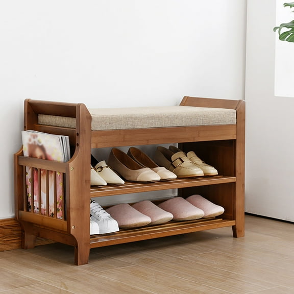YKITRD Shoe Rack 2 Tier Bench w/ Removable Cushion Entryway Organizer Shelf Home