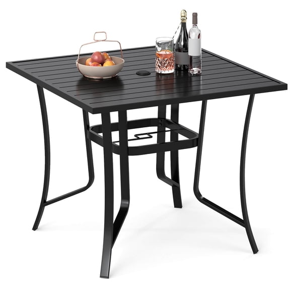 YKITRD Square Patio Table for 4, 36 x 36 Outdoor Metal Dining Table with Umbrella Hole, Slatted Tabletop for Porch, Balcony & Backyard