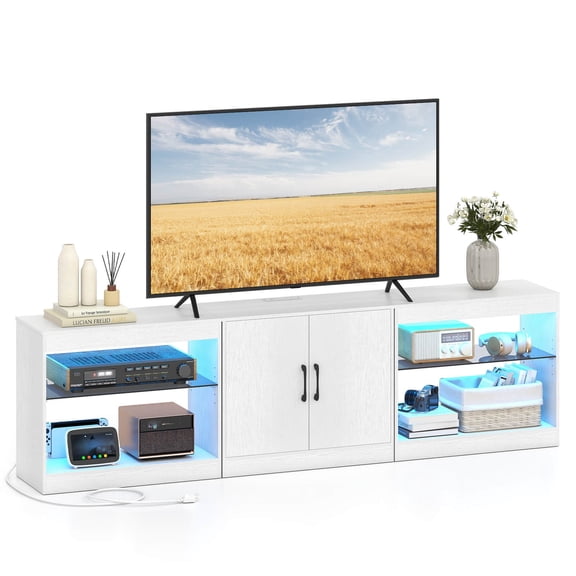 YKITRD TV Stand for TVs up to 85 Inch with Power Outlets, RGB LED Lights & Remote Control, Modern Entertainment Center with Glass Shelves, Cable Management, White